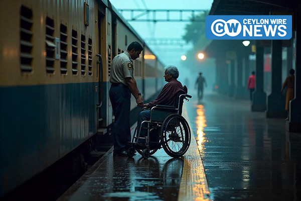 A person assists an elderly individual in a wheelchair on a train platform